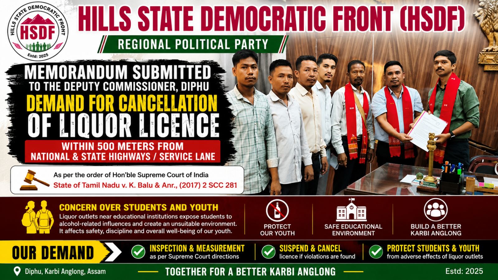 HSDF SUBMITS MEMORANDUM SEEKING ACTION AGAINST LIQUOR LICENCE